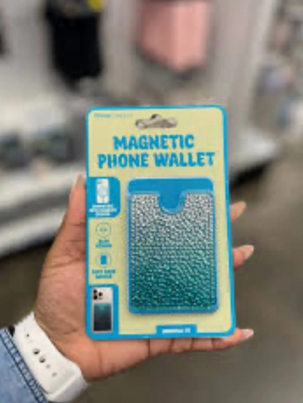 Turquoise Rhinestone Phone Card Holder Stick-On Wallet